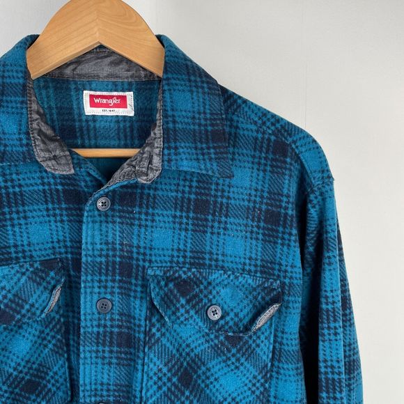 Wrangler Fleece Button Up Shirt Jacket Teal Navy Plaid Long‎ Sleeve Mens Medium - Picture 3 of 5